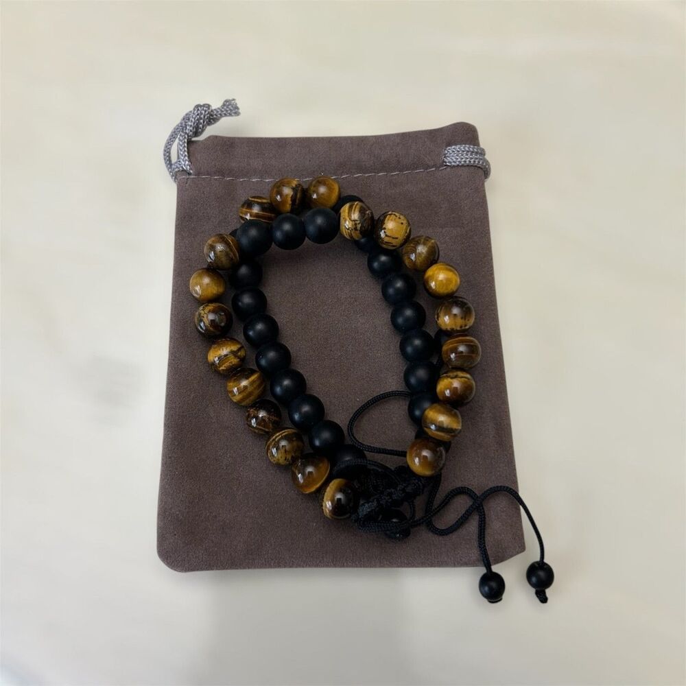 Tigers Eye And Black Adjustable Bracelet 2 Pack with Gift Pouch Men's Women's